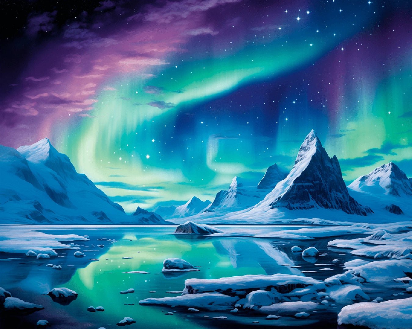 Paint by numbers kit painting for adults featuring a northern lights painting masterpiece over frozen arctic waters