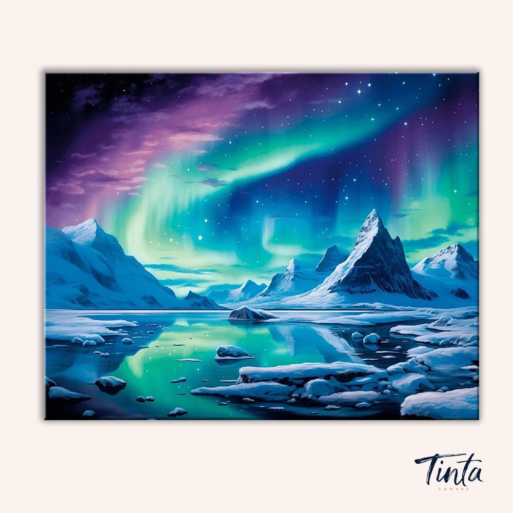 Clean artwork of the Arctic Glow paint by numbers kit featuring vibrant aurora lights above icy mountains and frozen water by Tinta Canvas