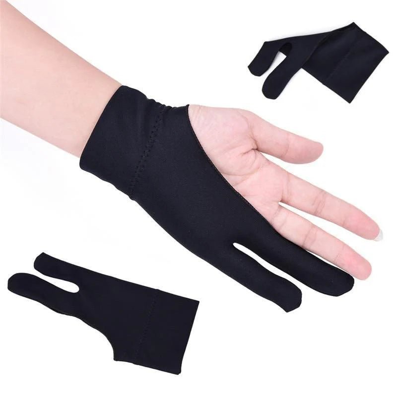 Black glove on a hand with additional gloves on a white background