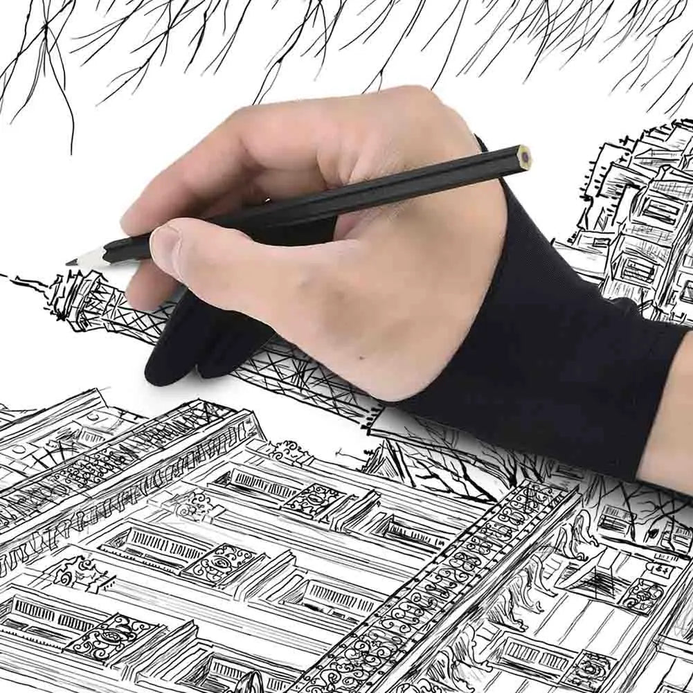 Hand with black glove holding a pen over intricate line art of paint by numbers kit details.
