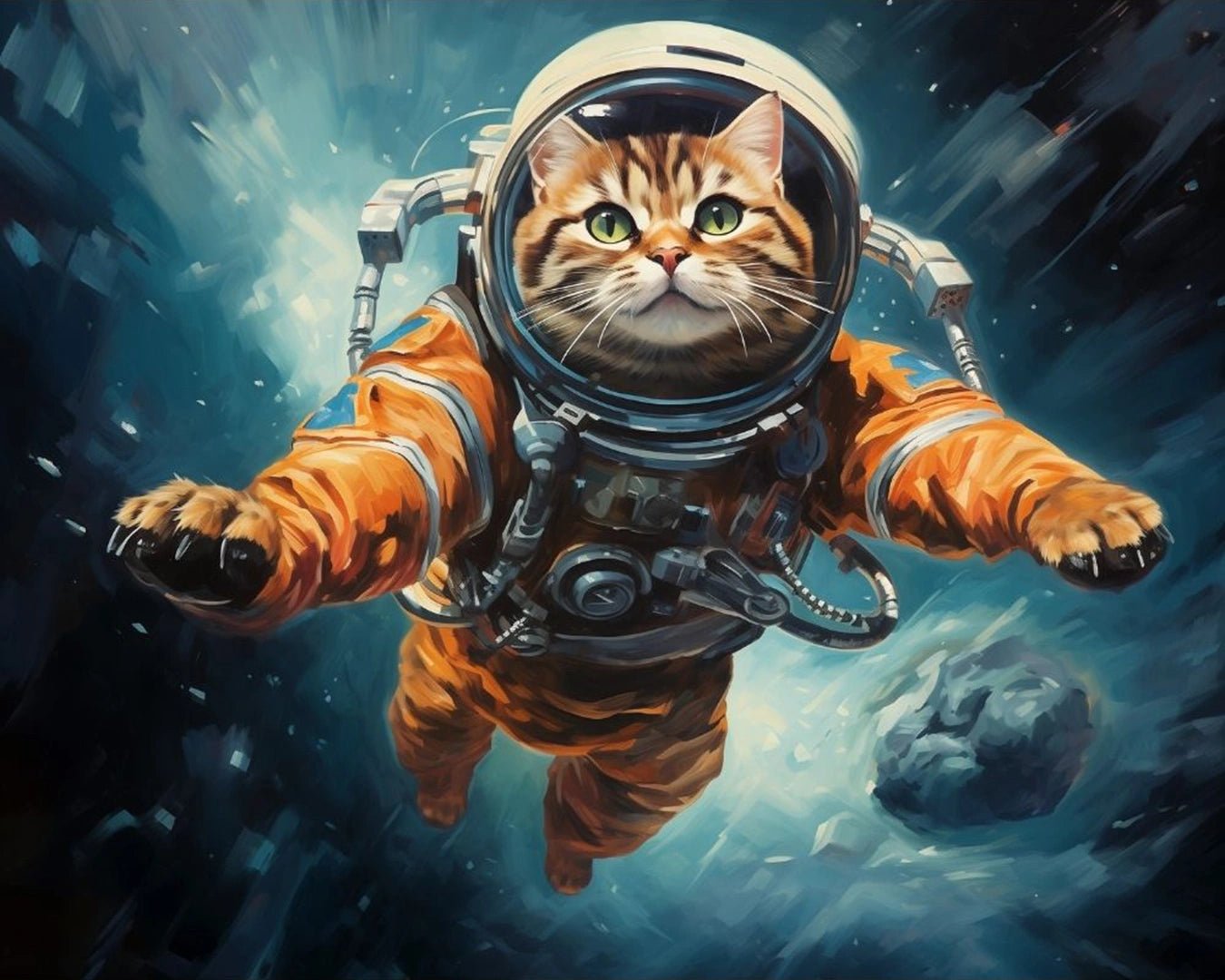 Cat paint by numbers kit canvas painting showing an astronaut cat drifting through outer space