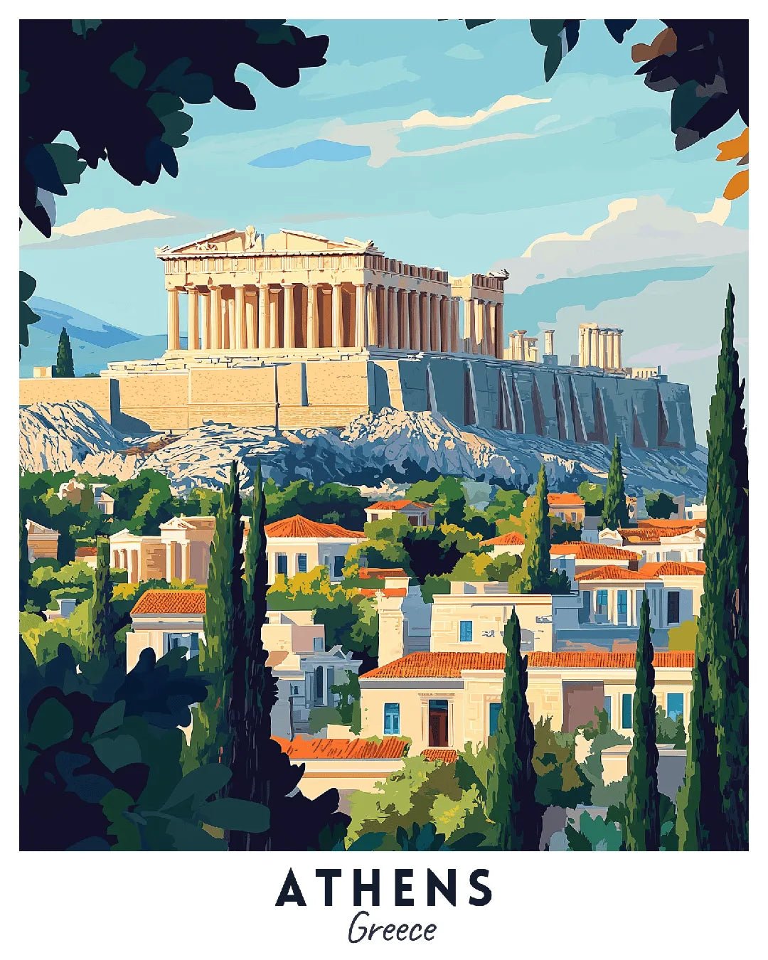 Athens Greece Travel Poster Paint by Numbers Kit featuring the Acropolis, historic architecture, and sunlit city views