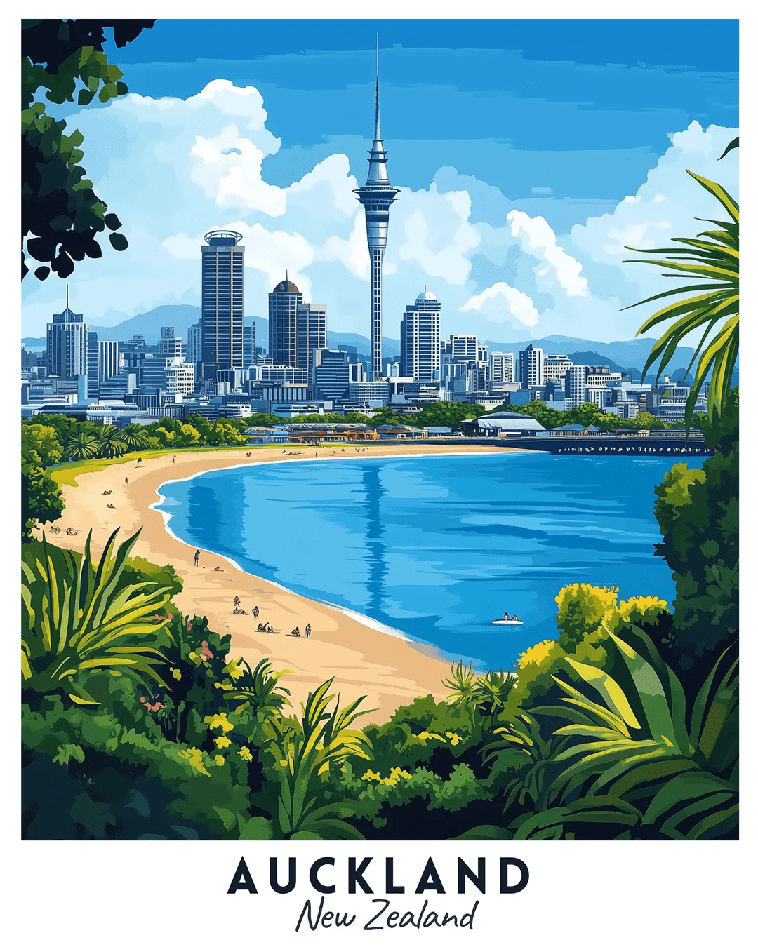 Auckland New Zealand Travel Poster Paint by Numbers Kit featuring coastal bay, city skyline, and ocean scenery