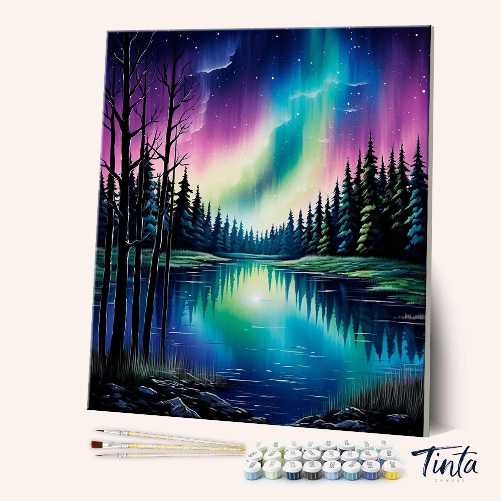 Aurora Lake Silence paint by numbers kit angled view showing northern lights over calm lake by Tinta Canvas