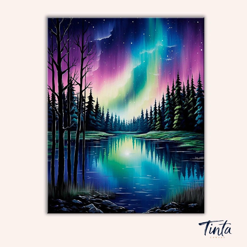 Clean artwork of Aurora Lake Silence paint by numbers kit with aurora sky and forest reflections by Tinta Canvas