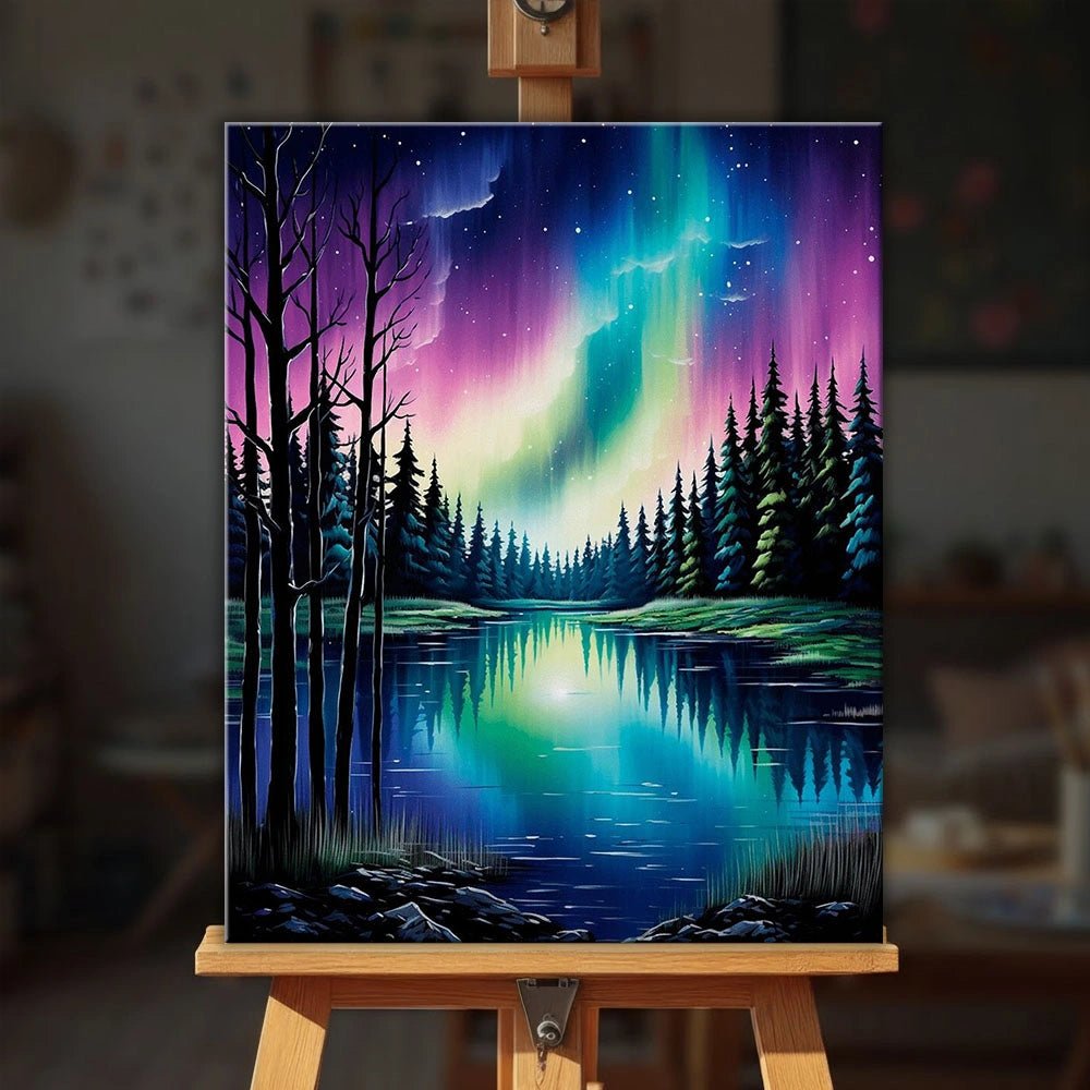 Aurora Lake Silence paint by numbers kit displayed on easel with glowing night sky and lake by Tinta Canvas