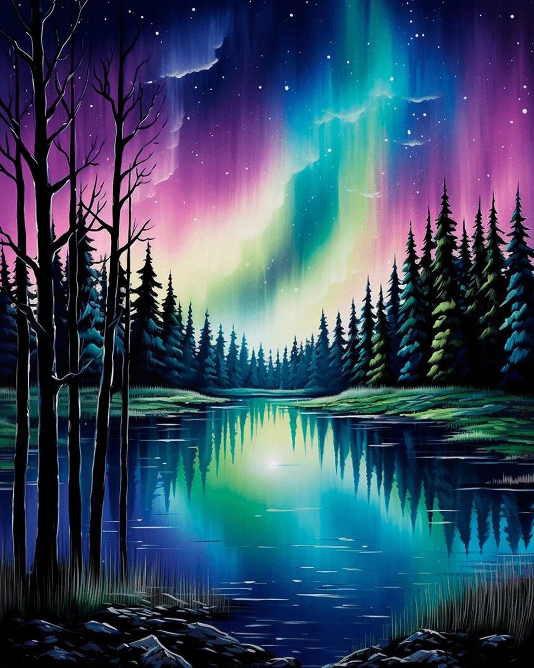 Raw landscape of Aurora Lake Silence paint by numbers kit featuring aurora borealis and tranquil lake by Tinta Canvas

