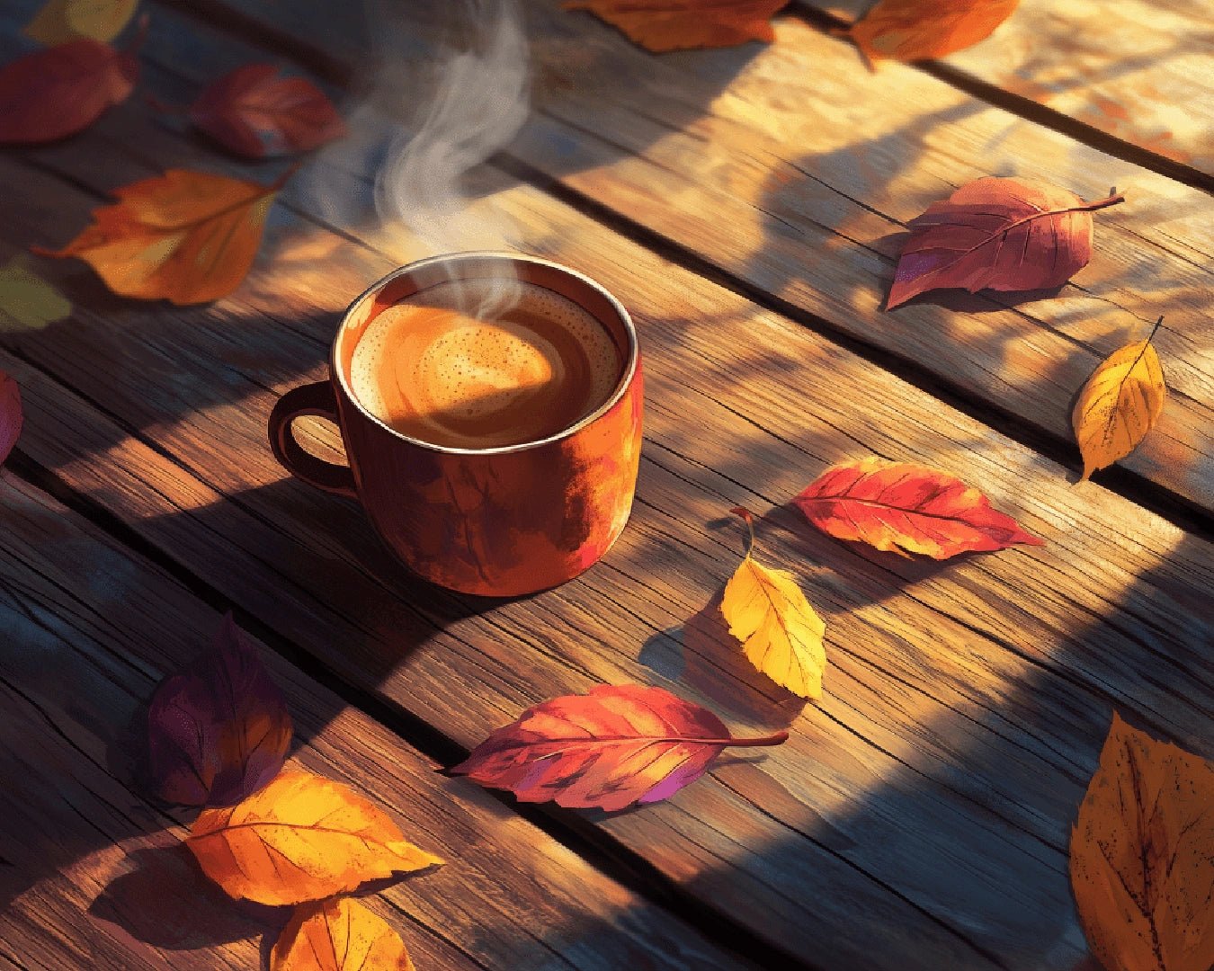 Fall paint by numbers kit canvas painting featuring a steaming coffee cup with autumn leaves and warm light
