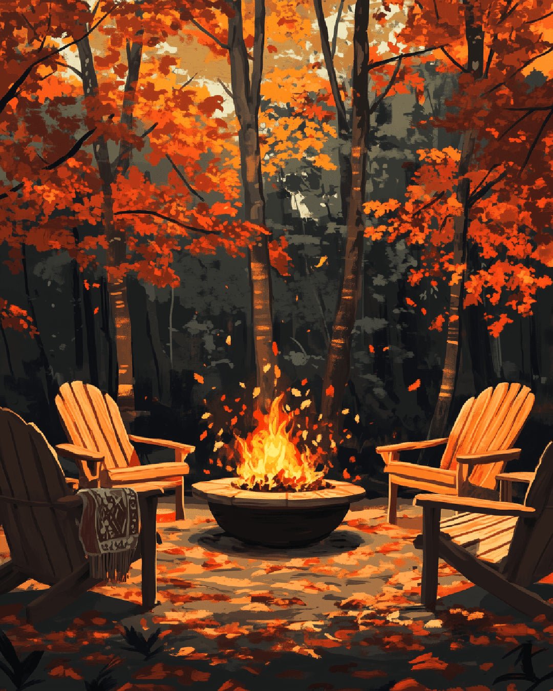 Autumn Ember paint by numbers kit featuring a warm campfire scene with chairs and falling autumn leaves