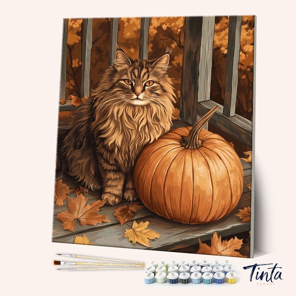 Autumn Feline paint by numbers kit angled view showing sleeping cat in basket by fireplace by Tinta Canvas