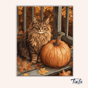Clean artwork of Autumn Feline paint by numbers kit featuring cozy cat resting in warm autumn setting by Tinta Canvas