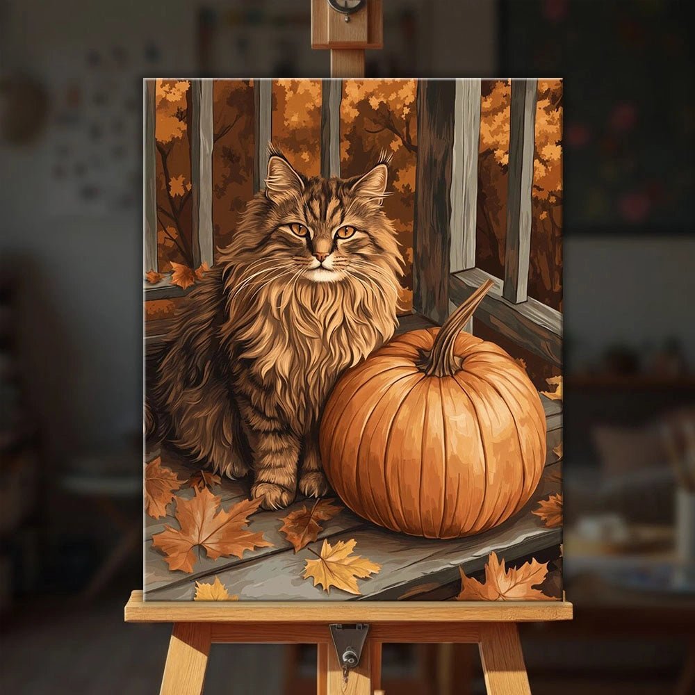 Autumn Feline paint by numbers kit displayed on easel with fireplace scene and sleeping cat by Tinta Canvas