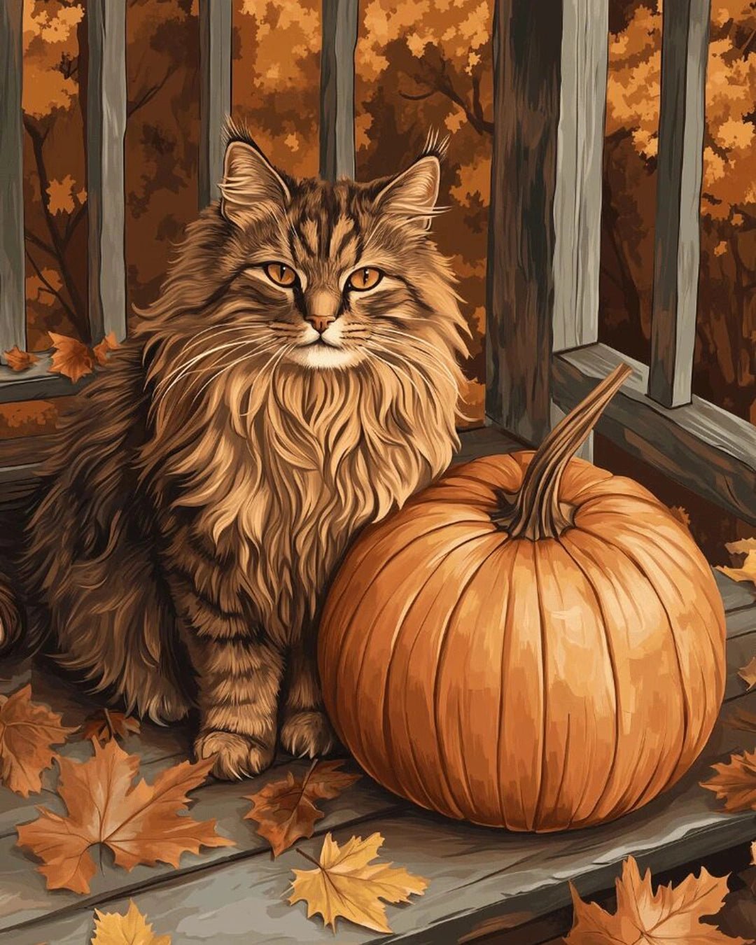Raw landscape of Autumn Feline paint by numbers kit showing peaceful cat and warm indoor ambiance by Tinta Canvas


