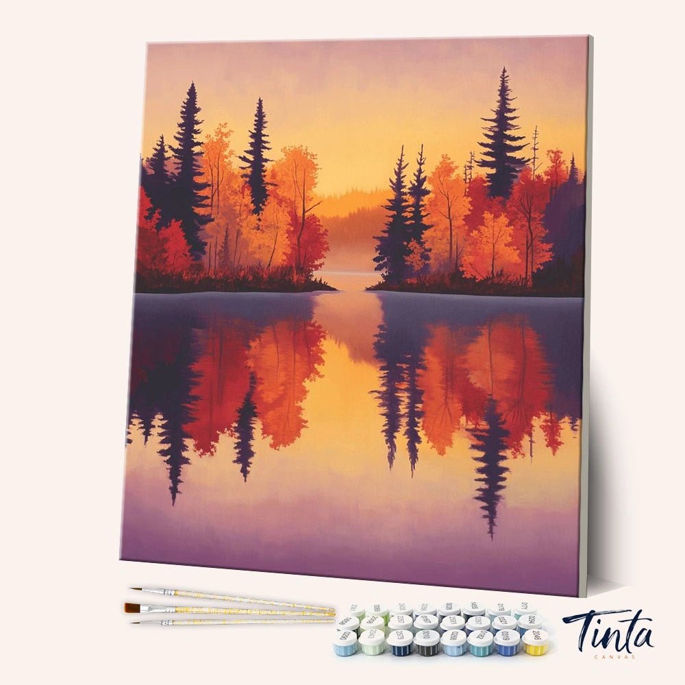 Autumn Lake paint by numbers kit angled view showing calm lake with autumn trees and reflections by Tinta Canvas