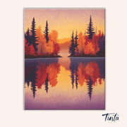 Clean artwork of Autumn Lake paint by numbers kit featuring colorful fall trees mirrored in still water by Tinta Canvas