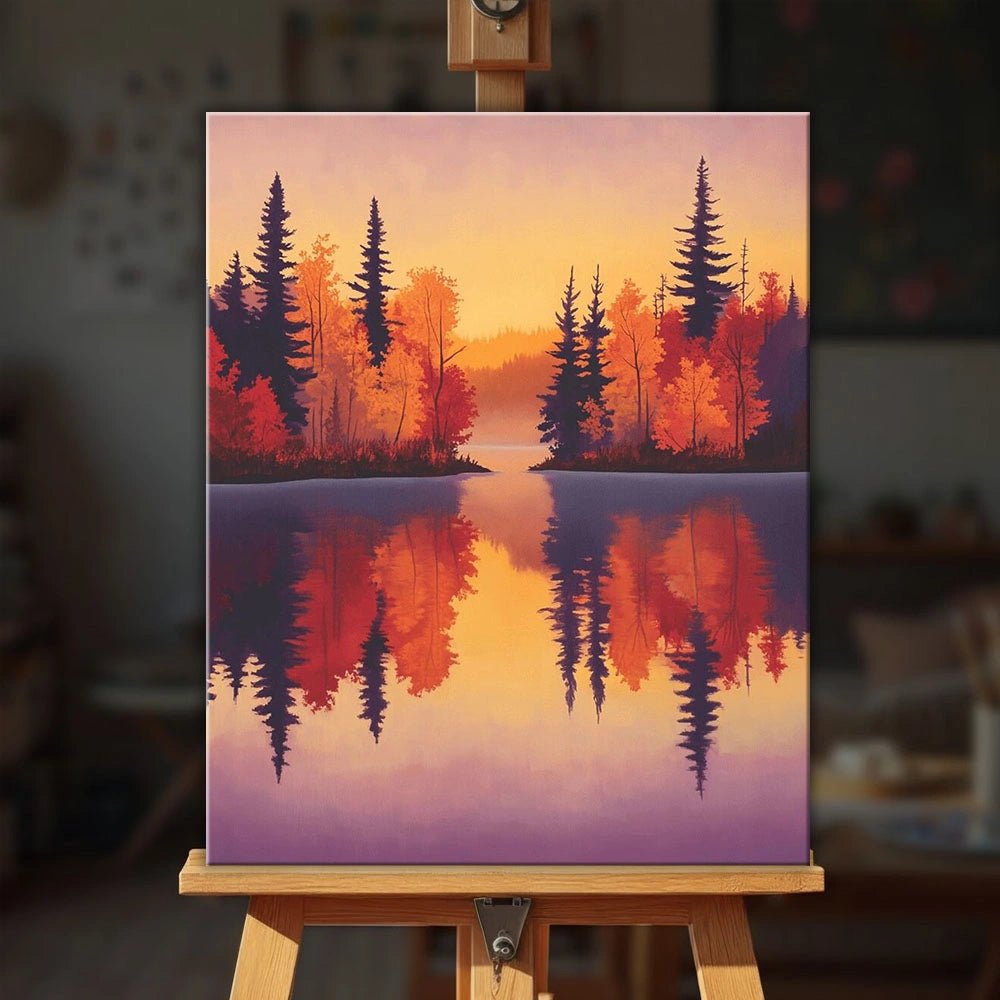 Autumn Lake paint by numbers kit displayed on easel with warm sunset reflections and forest scenery by Tinta Canvas