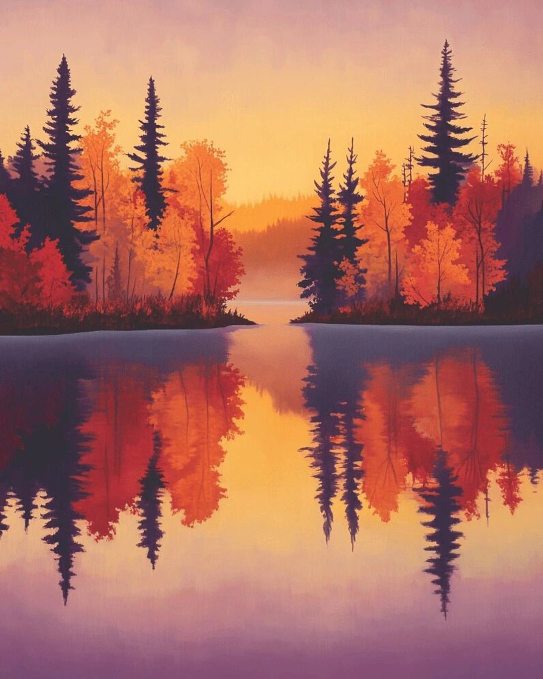 Raw landscape of Autumn Lake paint by numbers kit showing peaceful autumn lake and vibrant reflections by Tinta Canvas

