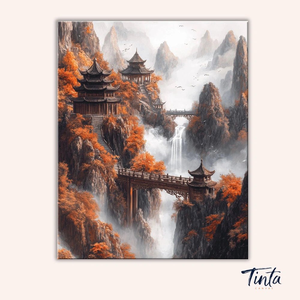 Clean artwork of the Autumn Mountain Sanctuary paint by numbers kit featuring temples, waterfalls, and autumn mountains by Tinta Canvas