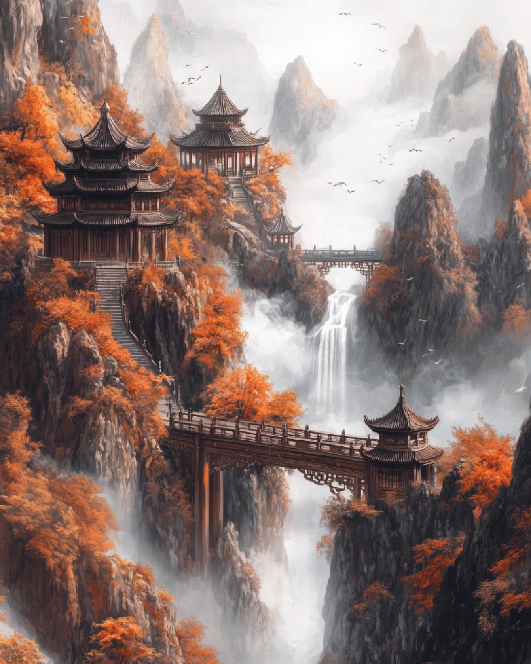 Mountain temple paint by numbers kit canvas painting showing Chinese pagodas, bridges, and waterfalls in autumn