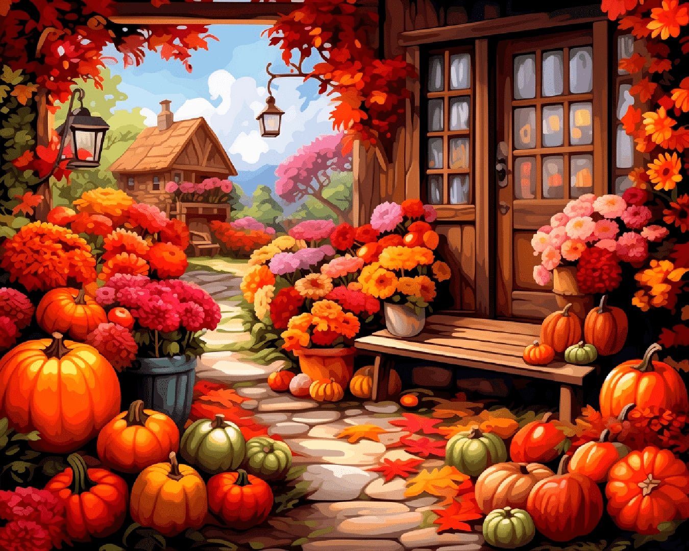 Canvas autumn porch paint by numbers kit for adults featuring warm pumpkins, flowers, and a calm fall cottage scene by Tinta Canvas