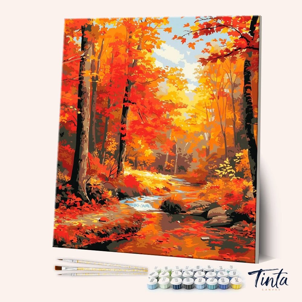 Autumn River Splendor paint by numbers kit angled view showing vibrant fall forest and river