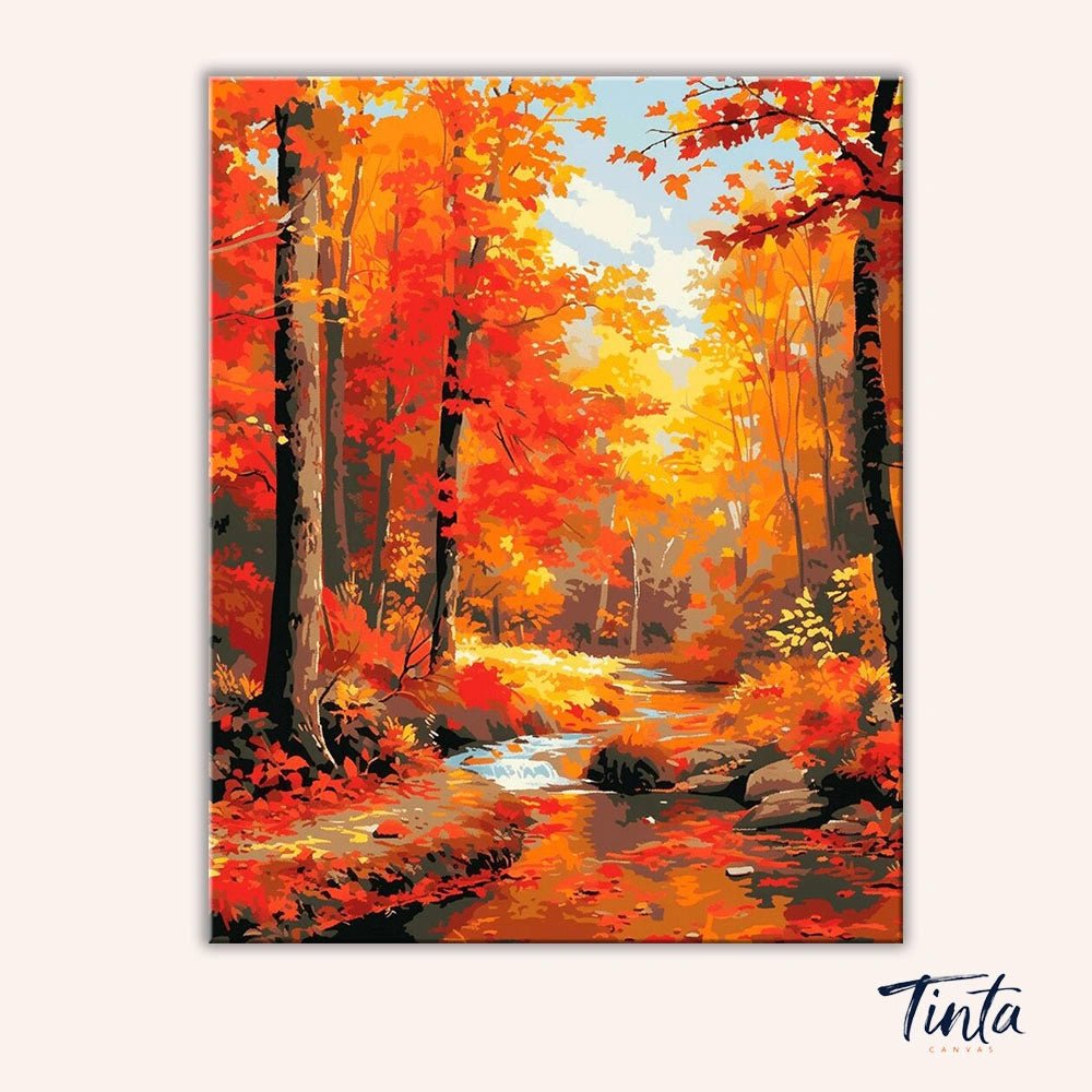 Clean artwork of Autumn River Splendor paint by numbers kit featuring colorful autumn trees and stream