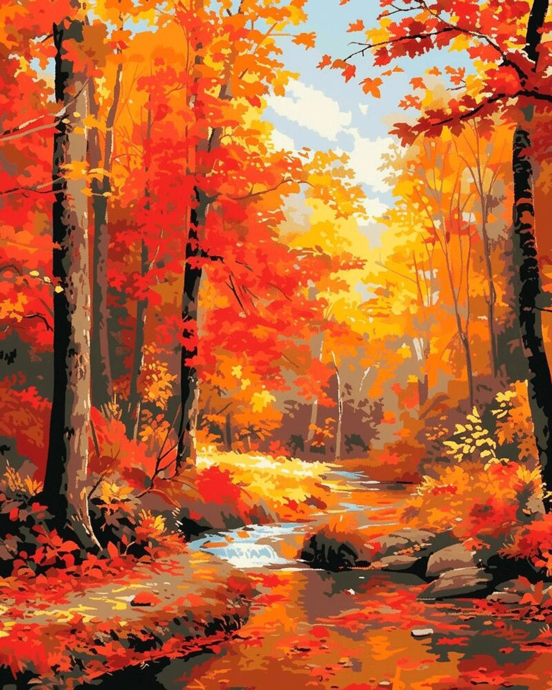 Raw landscape of Autumn River Splendor paint by numbers kit showing glowing autumn river scene by Tinta Canvas

