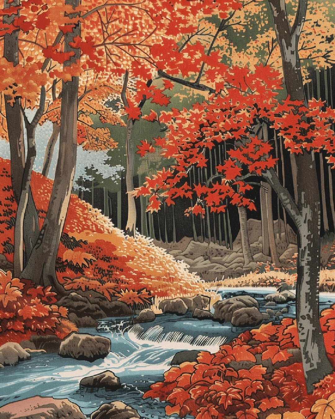 Autumn Whisper Creek paint by numbers kit raw image showing a calm forest stream surrounded by vibrant autumn foliage by Tinta Canvas