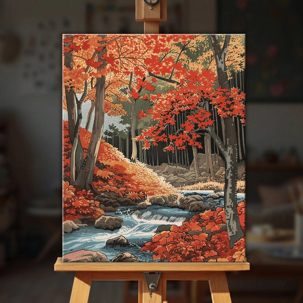 Autumn Whisper Creek paint by numbers kit displayed on an easel showing finished autumn forest creek painting by Tinta Canvas
