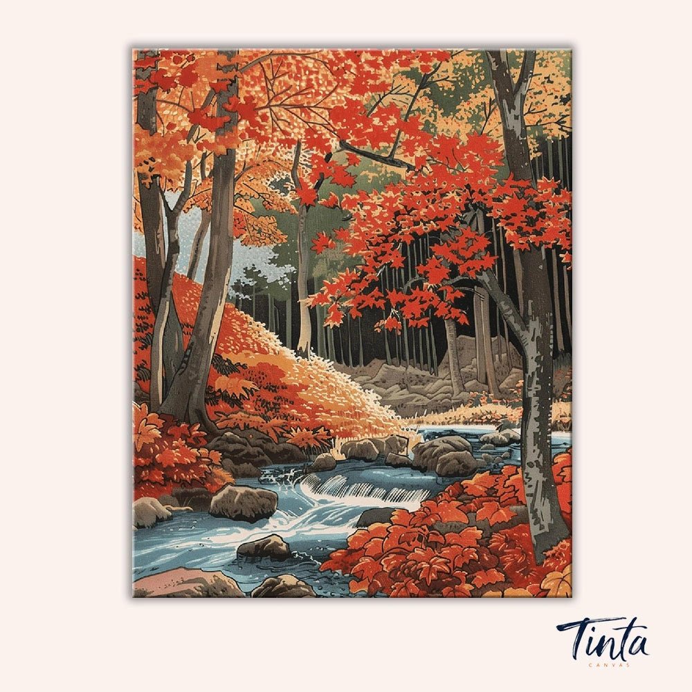Autumn Whisper Creek paint by numbers kit artwork featuring a peaceful creek flowing through red and orange fall trees by Tinta Canvas