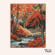 Autumn Whisper Creek paint by numbers kit artwork featuring a peaceful creek flowing through red and orange fall trees by Tinta Canvas