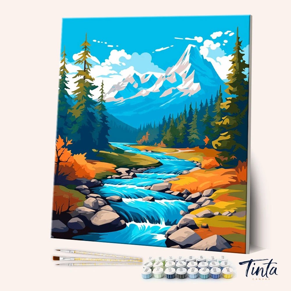 Autumn Whisper River paint by numbers kit angled view showing mountain river with autumn trees