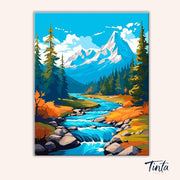 Clean artwork of Autumn Whisper River paint by numbers kit featuring flowing river and snowy peaks