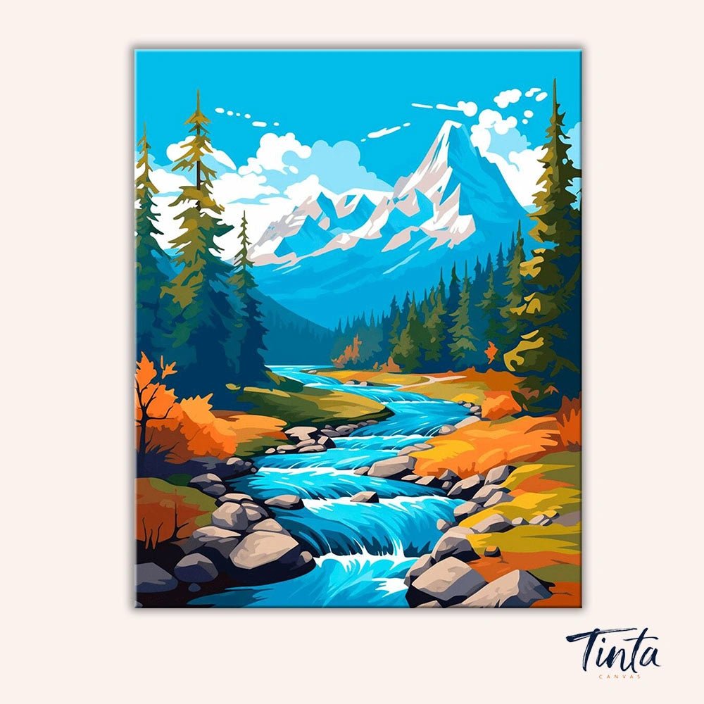 Clean artwork of Autumn Whisper River paint by numbers kit featuring flowing river and snowy peaks