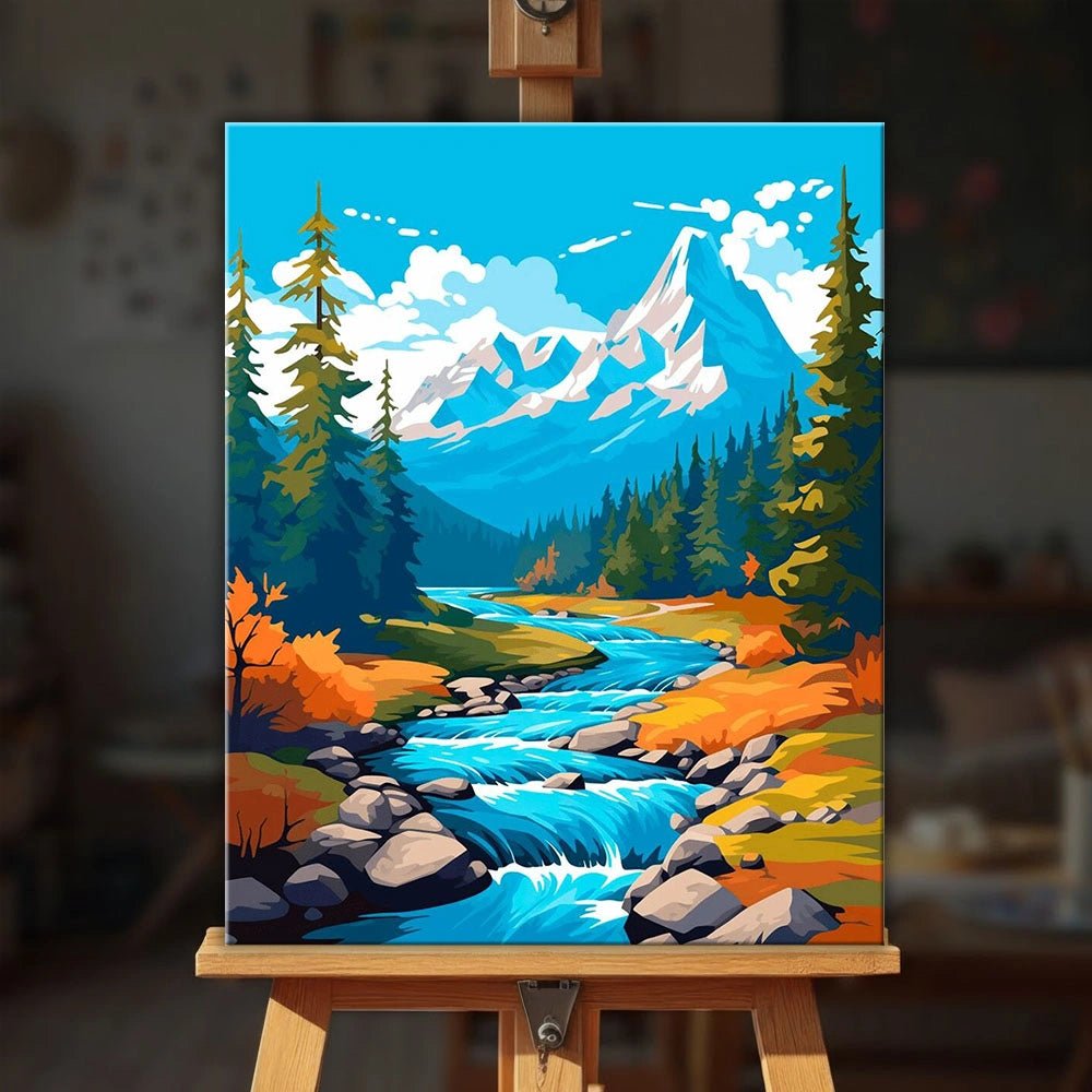 Autumn Whisper River paint by numbers kit displayed on easel with colorful autumn landscape scene