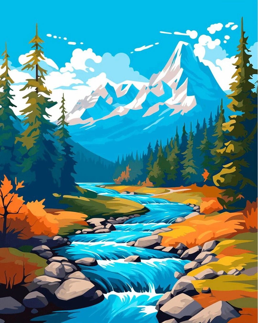 Raw landscape of Autumn Whisper River paint by numbers kit showing river, forest, and mountains by Tinta Canvas

