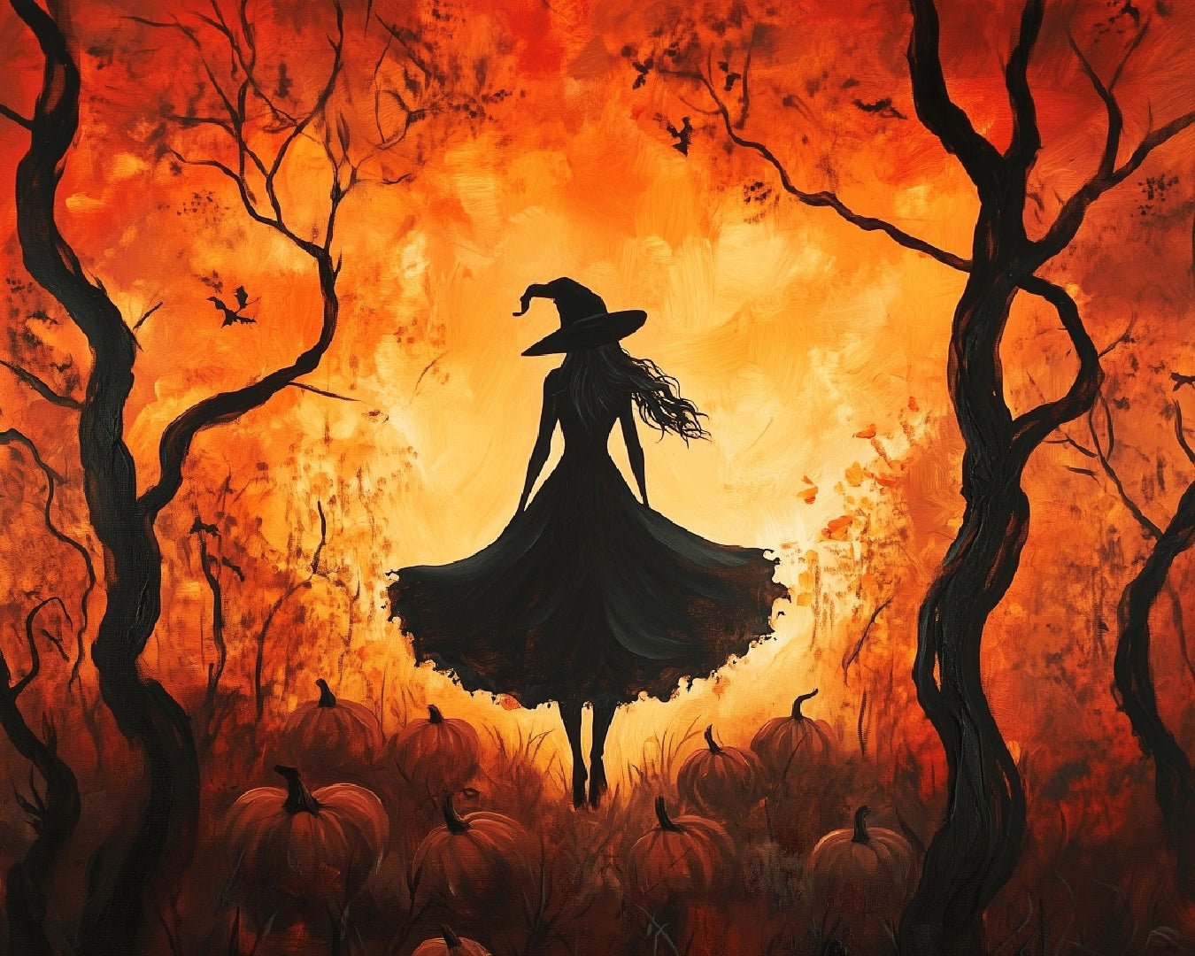 Canvas autumn witch paint by numbers kit for adults featuring warm orange tones and a calm seasonal fantasy scene by Tinta Canvas