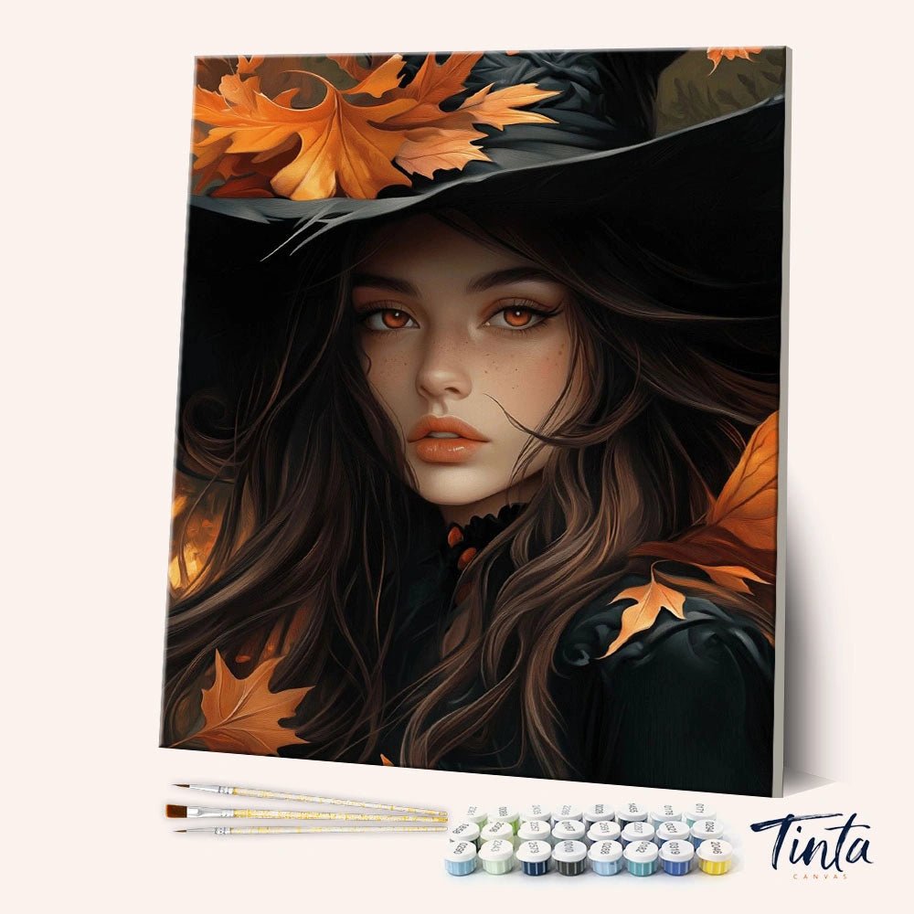 Autumn Witch paint by numbers kit angled view showing mystical woman with autumn leaves by Tinta Canvas