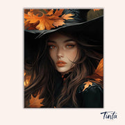 Clean artwork of Autumn Witch paint by numbers kit featuring dark portrait with warm autumn tones by Tinta Canvas