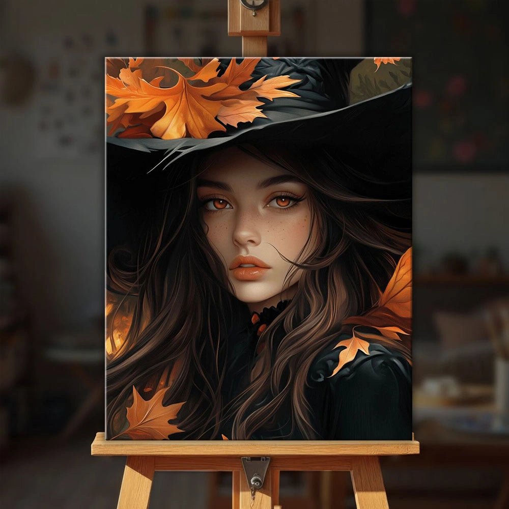 Autumn Witch paint by numbers kit displayed on easel with magical portrait and falling leaves by Tinta Canvas