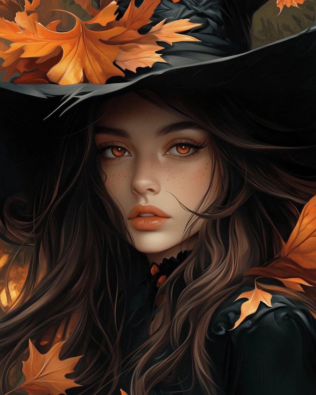 Raw landscape of Autumn Witch paint by numbers kit showing detailed witch portrait and autumn ambiance by Tinta Canvas

