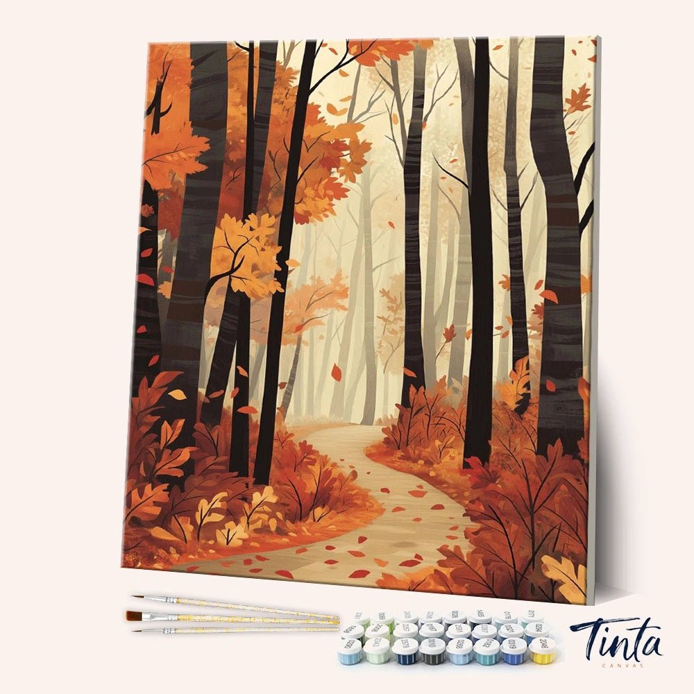 Autumn Woods paint by numbers kit angled view showing forest path with falling leaves in warm tones