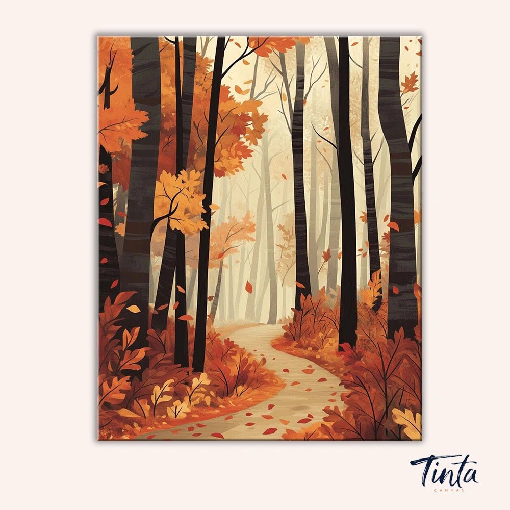Clean artwork of Autumn Woods paint by numbers kit featuring misty forest and autumn foliage