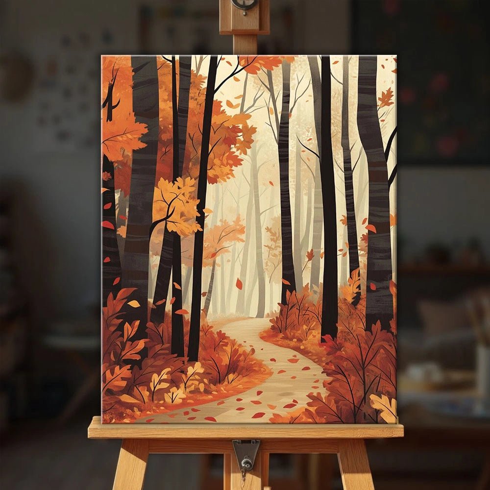 Autumn Woods paint by numbers kit displayed on easel with peaceful woodland path scene