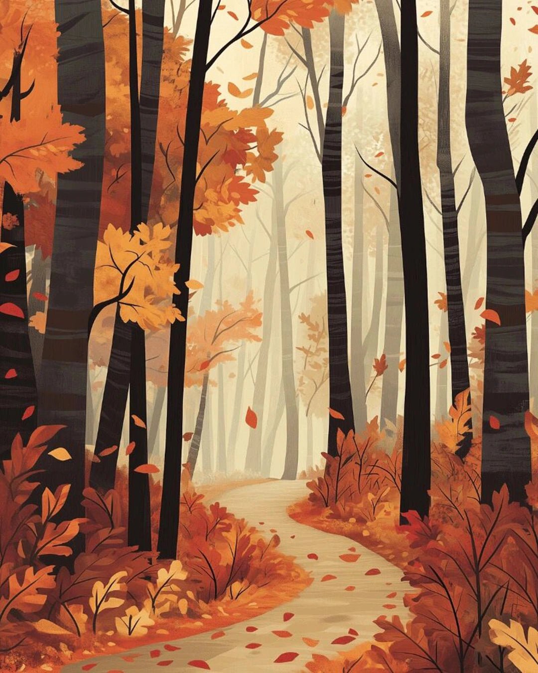 Raw landscape of Autumn Woods paint by numbers kit showing autumn forest trail with leaves by Tinta Canvas

