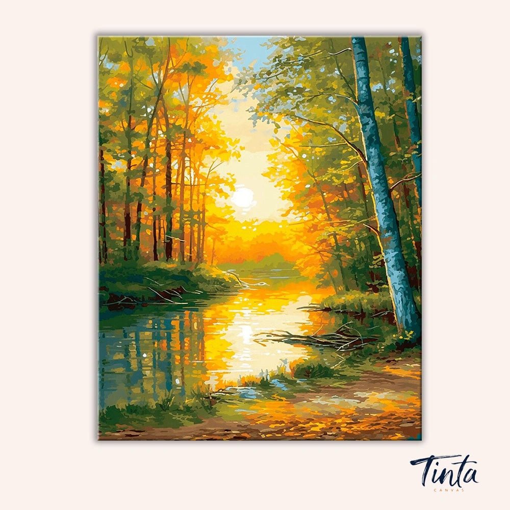 Clean artwork of Autumnal Reflections paint by numbers kit with glowing sunlight and river reflections by Tinta Canvas