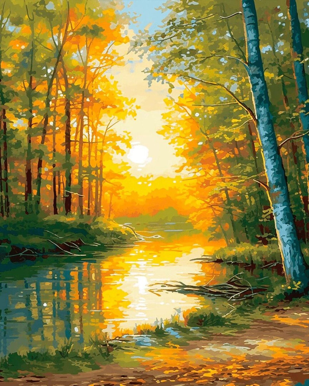 Raw landscape of Autumnal Reflections paint by numbers kit featuring tranquil river and autumn forest glow by Tinta Canvas


