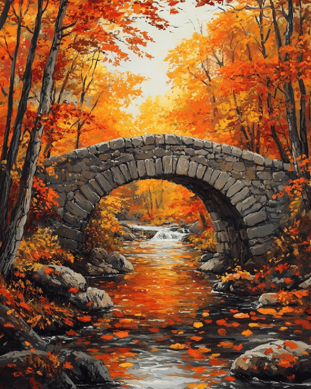 Forest paint by numbers kit canvas painting featuring a stone bridge surrounded by autumn trees and warm foliage