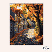 Full artwork of Autumnstone Lane paint by numbers kit featuring charming houses and fall foliage by Tinta Canvas