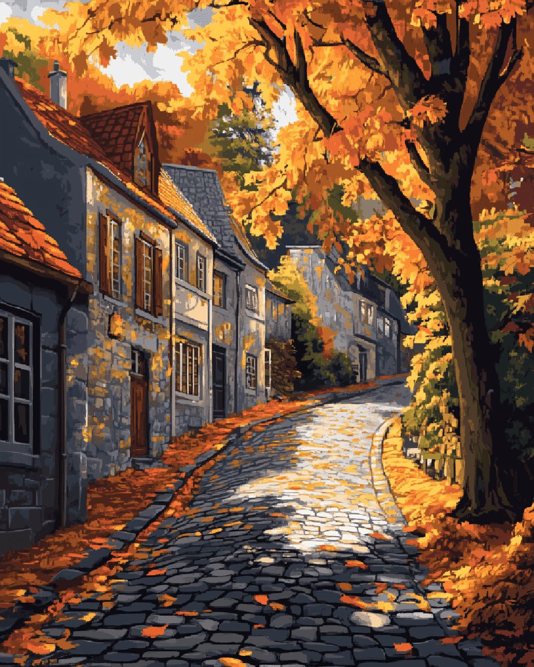 Autumnstone Lane paint by numbers kit featuring a cobblestone village street with golden autumn trees